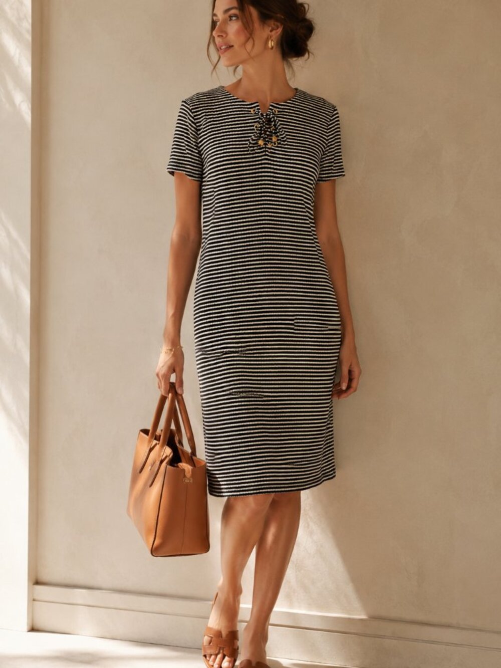 MICHAEL Michael Kors Striped Lace-Up Knee Length Dress Size M